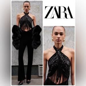 Zara Black Fringed Sequin Halter Neck Jumpsuit